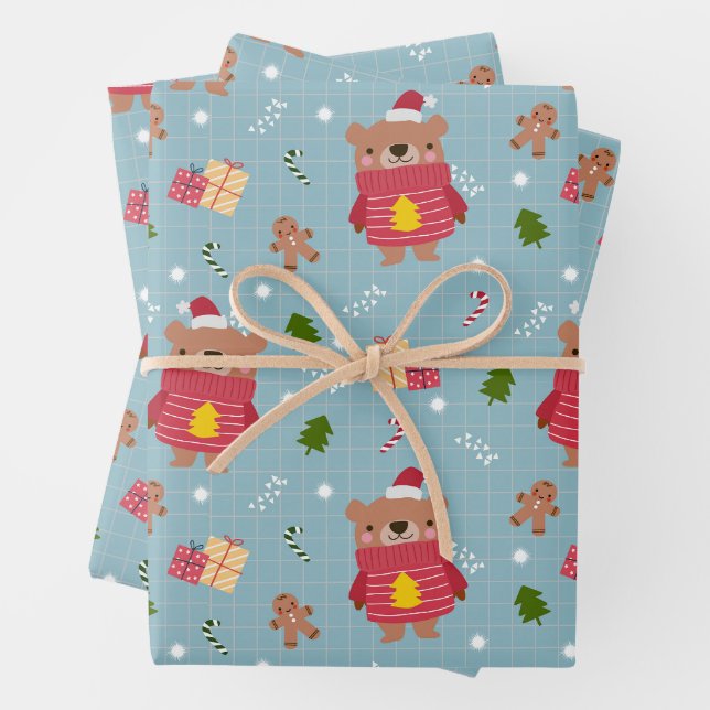 Feuille De Papier Cadeau Joli ours en peluche de Noël (En situation)