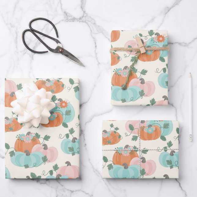 Feuille De Papier Cadeau Joli Pastel Automne Floral Citrouille Motif  (Recto)