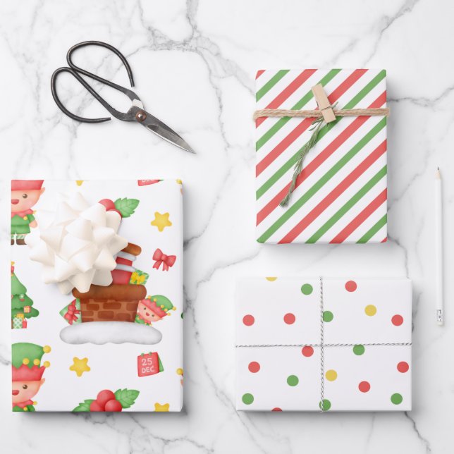 Feuille De Papier Cadeau Joli Père Noël Elf Stripes hiver Berry Noël (Recto)