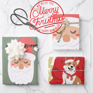 Feuille De Papier Cadeau Joli Père Noël et drôle chien de Noël Rouge et ver