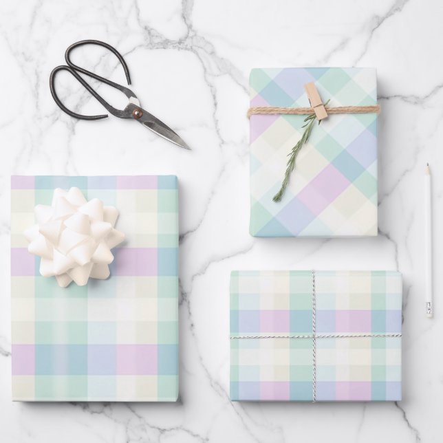 Feuille De Papier Cadeau Joli Plaid Pastel Rose Vert Jaune Bleu Violet (Recto)