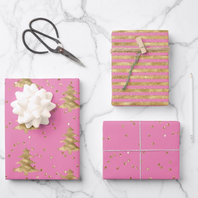 Feuille De Papier Cadeau Joli Pretty Pink Gold Christmas Tree Glitz (Recto)