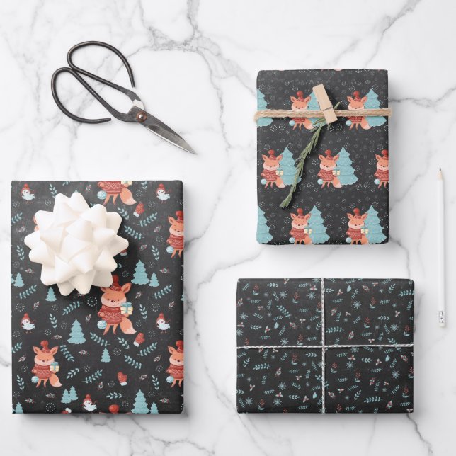 Feuille De Papier Cadeau Joli renard boisé Noir Noël (Recto)