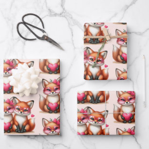 Feuille De Papier Cadeau Joli renard orange en Motif d'amour