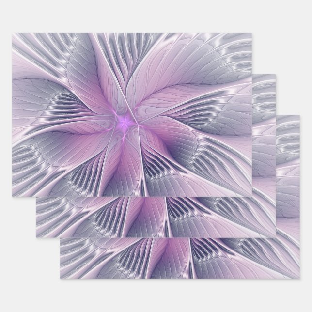 Feuille De Papier Cadeau Joli rose Fleur Moderne Abstrait Fractal Art (Lot)