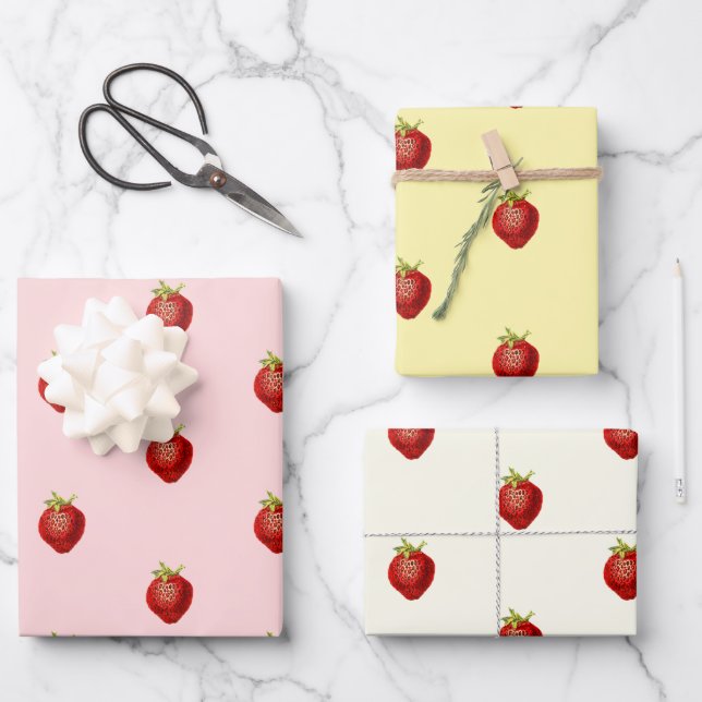 Feuille De Papier Cadeau Joli Rose Fraise Blanc Crème  (Recto)