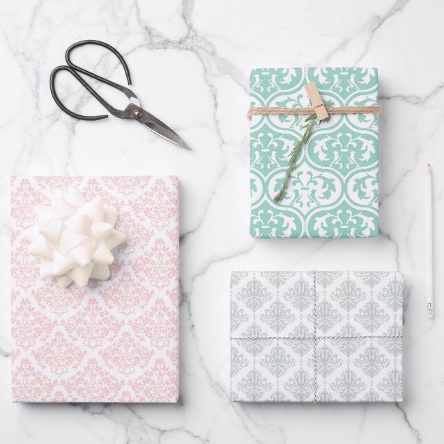 Feuille De Papier Cadeau Joli rose Grey Vert Girls Damask Imprimer Personna (Recto)
