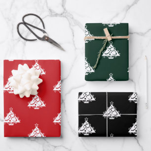 Feuille De Papier Cadeau Joli rouge pin foncé vert noir arbres de Noël