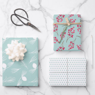 Feuille De Papier Cadeau Joli Trio d'hiver bleu moderne