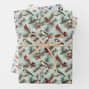 Feuille De Papier Cadeau Joli Vintage Bird & Red Berry Motif de Noël