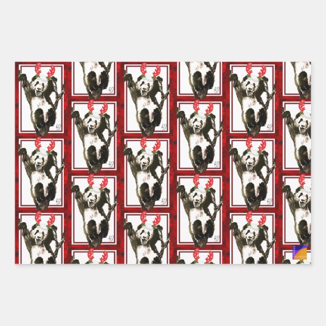Feuille De Papier Cadeau Jolie Animaux Cadeaux de Noël Panda, Chiens (Devant)