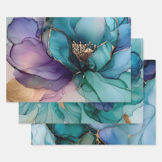 Feuille De Papier Cadeau Jolie Aqua Bleu Violet Or Floral (Lot)