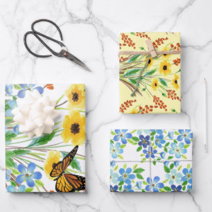 Feuille De Papier Cadeau Jolie aquarelle bleu et jaune Fleurs