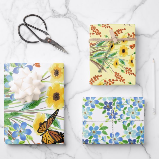 Feuille De Papier Cadeau Jolie aquarelle bleu et jaune Fleurs (Recto)