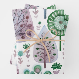 Feuille De Papier Cadeau Jolie aquarelle Noël Arbre pourpre vert