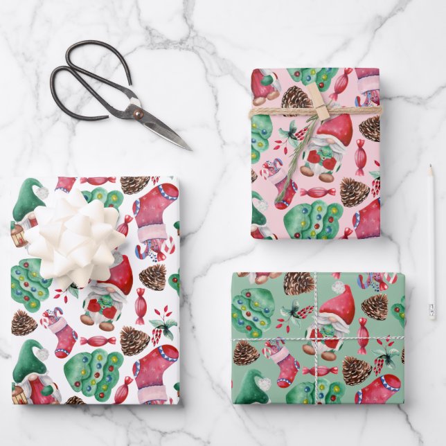 Feuille De Papier Cadeau Jolie aquarelle Noël Gnomes Motif (Recto)