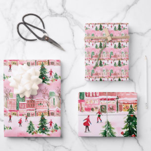 Feuille De Papier Cadeau jolie aquarelle noël patinage ville scène