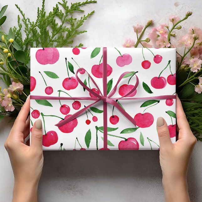 Feuille De Papier Cadeau Jolie aquarelle rouge cerises motif (Créateur téléchargé)