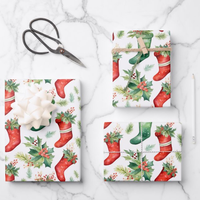 Feuille De Papier Cadeau Jolie aquarelle rouge et vertes bas (Recto)