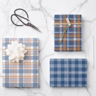 FEUILLE DE PAPIER CADEAU JOLIE BLEU & BROWN TOMBE MOTIF PLAID