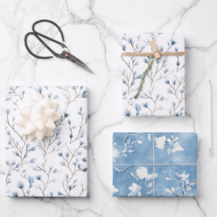 Feuille De Papier Cadeau Jolie Fête de Mariage Florale Bleue et Blanche