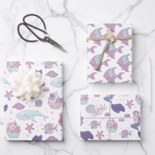 Feuille De Papier Cadeau jolie fête de sirène de plage carrelée