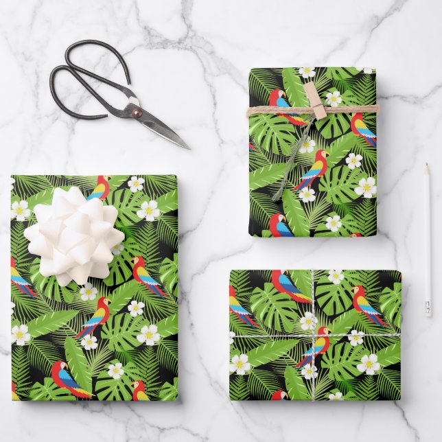 Feuille De Papier Cadeau Jolie fête des perroquets tropicaux carrelés (Recto)