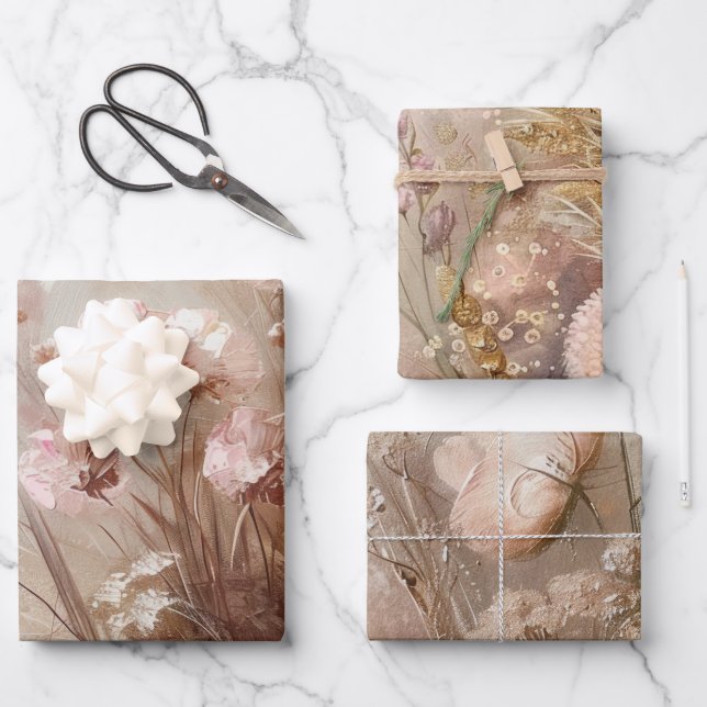 Feuille De Papier Cadeau Jolie Fleur Boho Blush Beige  (Recto)