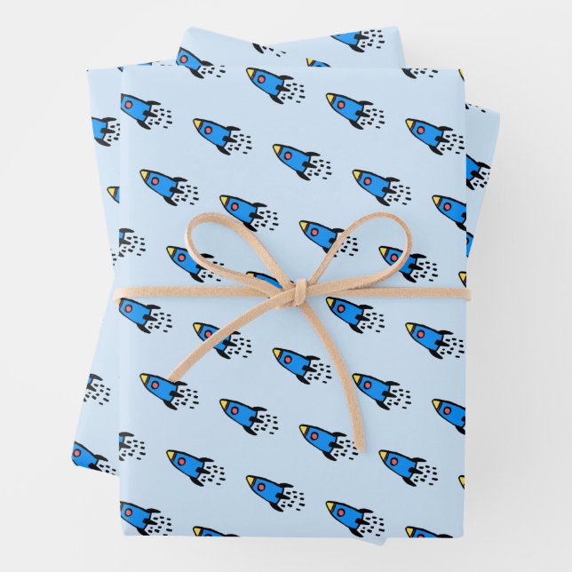 Feuille De Papier Cadeau Jolie fusée bleue (En situation)
