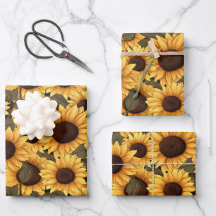 Feuille De Papier Cadeau Jolie illustration de tournesol sur toute l'impres