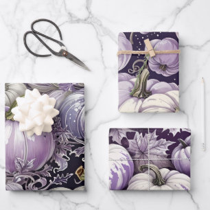 FEUILLE DE PAPIER CADEAU JOLIE LAVENDER PURPLE & WHTE TOMBE CITROUILLES