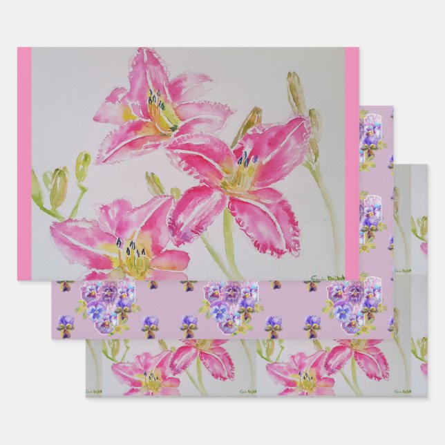 Feuille De Papier Cadeau Jolie Lys Fleur Rose Floral Lys Aquarelle (Lot)