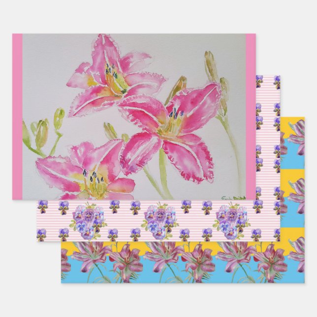 Feuille De Papier Cadeau Jolie Lys Fleur Rose Floral Lys Aquarelle (Lot)