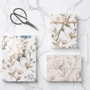 Feuille De Papier Cadeau Jolie Mariage Fleurs Crème Bleu Shower