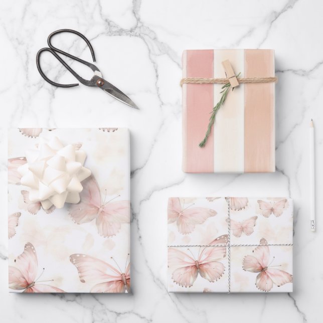 Feuille De Papier Cadeau Jolie Papillons rose Anniversaire (Recto)