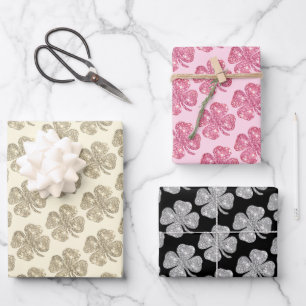 Feuille De Papier Cadeau Jolie Parties scintillant Lucky Clover rose noir b