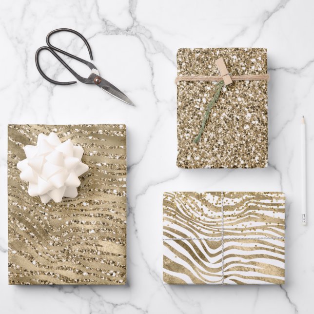 Feuille De Papier Cadeau Jolie Parties scintillant or Zebra Print Sparkle (Recto)