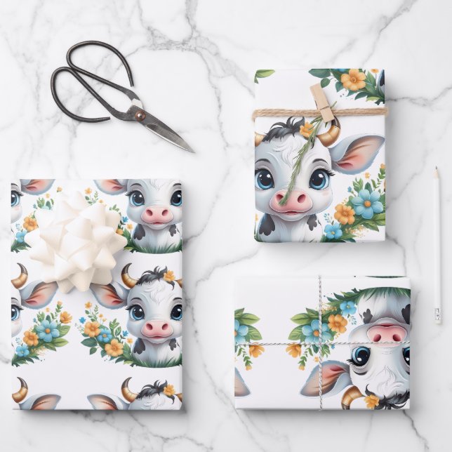 Feuille De Papier Cadeau Jolie petite vache fille en fleurs (Recto)