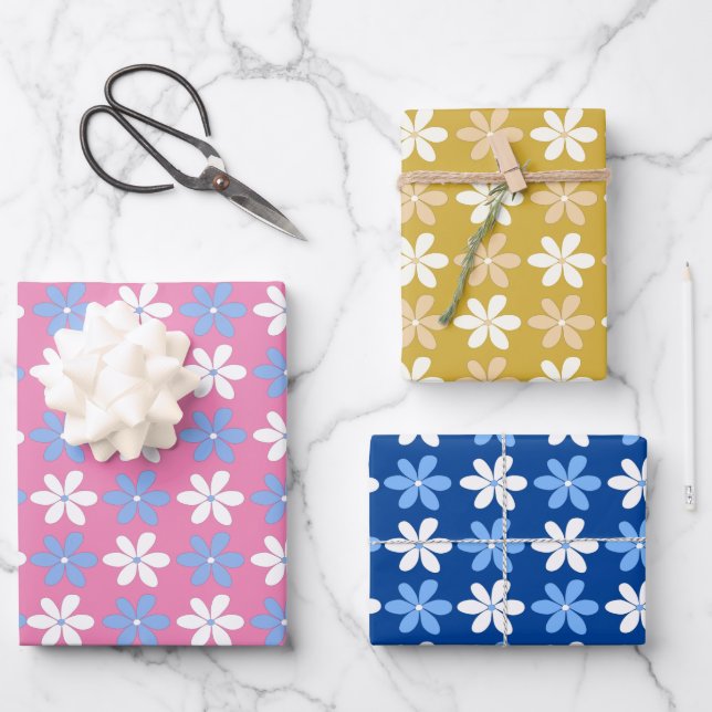 FEUILLE DE PAPIER CADEAU JOLIE PETITES FLEURS MOTIFS FLEURS BLEU ROSE OR (Recto)