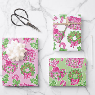 Feuille De Papier Cadeau Jolie preppy Noël rose et vert Présents et vaches