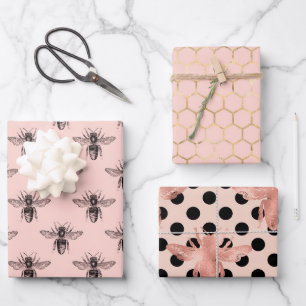 Feuille De Papier Cadeau Jolie princesse Bee rose noir et or 