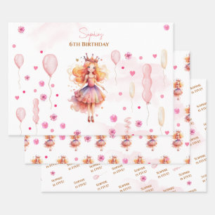 Feuille De Papier Cadeau Jolie princesse rose et ballons anniversaire