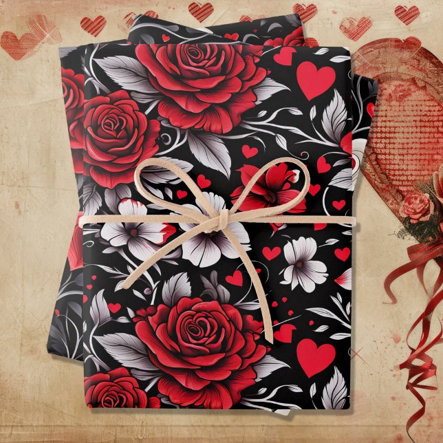 Feuille De Papier Cadeau Jolie, Rouge, Roses noires et blanches, Coeurs (Créateur téléchargé)