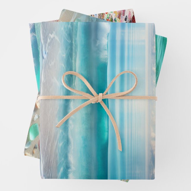 Feuille De Papier Cadeau Jolie vague bleu océan et verre de mer (En situation)