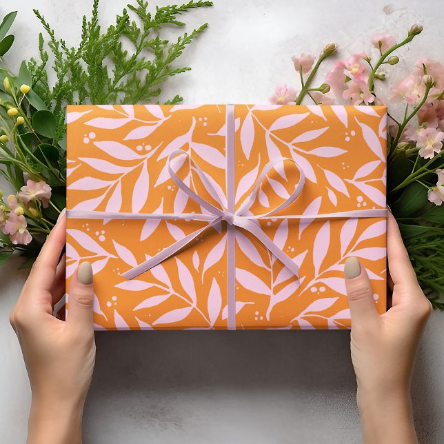 Feuille De Papier Cadeau Jolies branches - orange et rose (Créateur téléchargé)