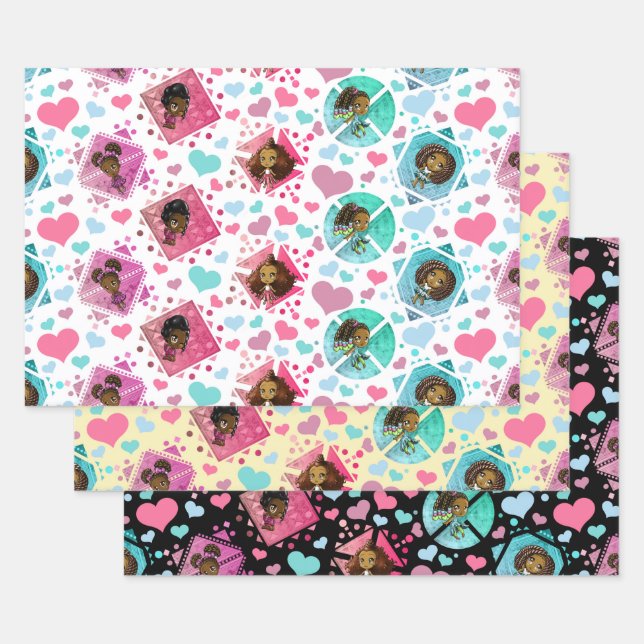 Feuille De Papier Cadeau Jolies filles afro-américaines avec Motif de coeur (Lot)