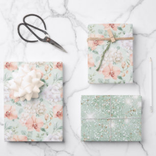 Feuille De Papier Cadeau Jolies Fleurs de Pêche Mintée Orchidée Lavage de M