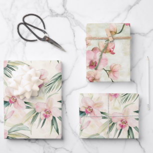 Feuille De Papier Cadeau Jolies Fleurs D'orchidées Tropicales Roses Mariage