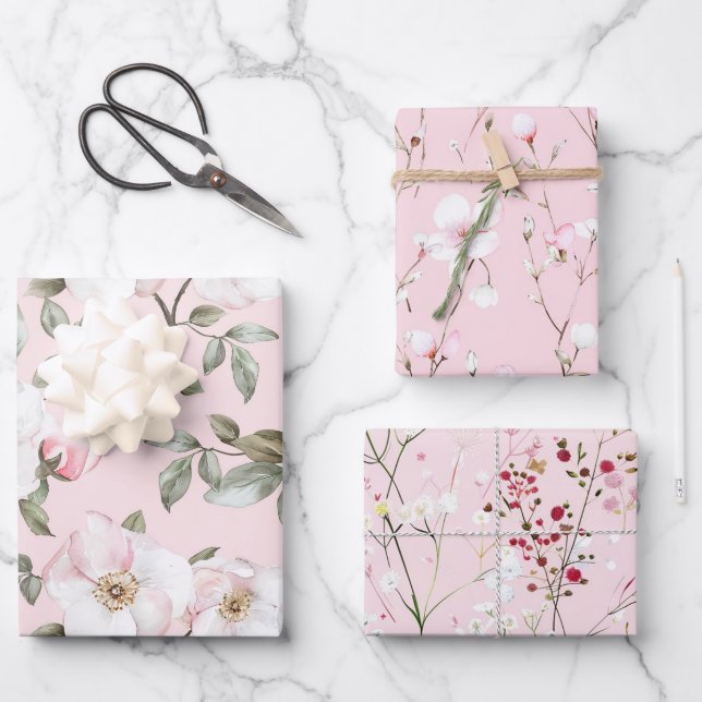 Feuille De Papier Cadeau Jolies Fleurs Roses Blanches Shower de Mariée (Recto)