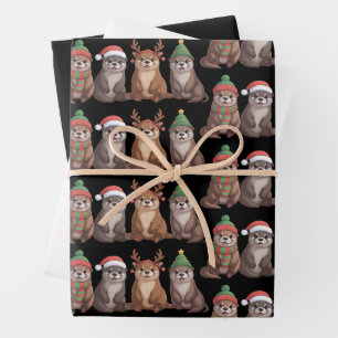 Feuille De Papier Cadeau Jolies loutres Noël drôles lumières de Noël animal